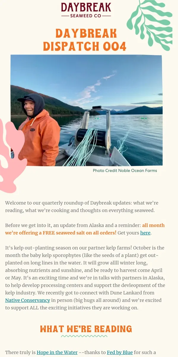 Email from Daybreak Seaweed. Daybreak Dispatch 004