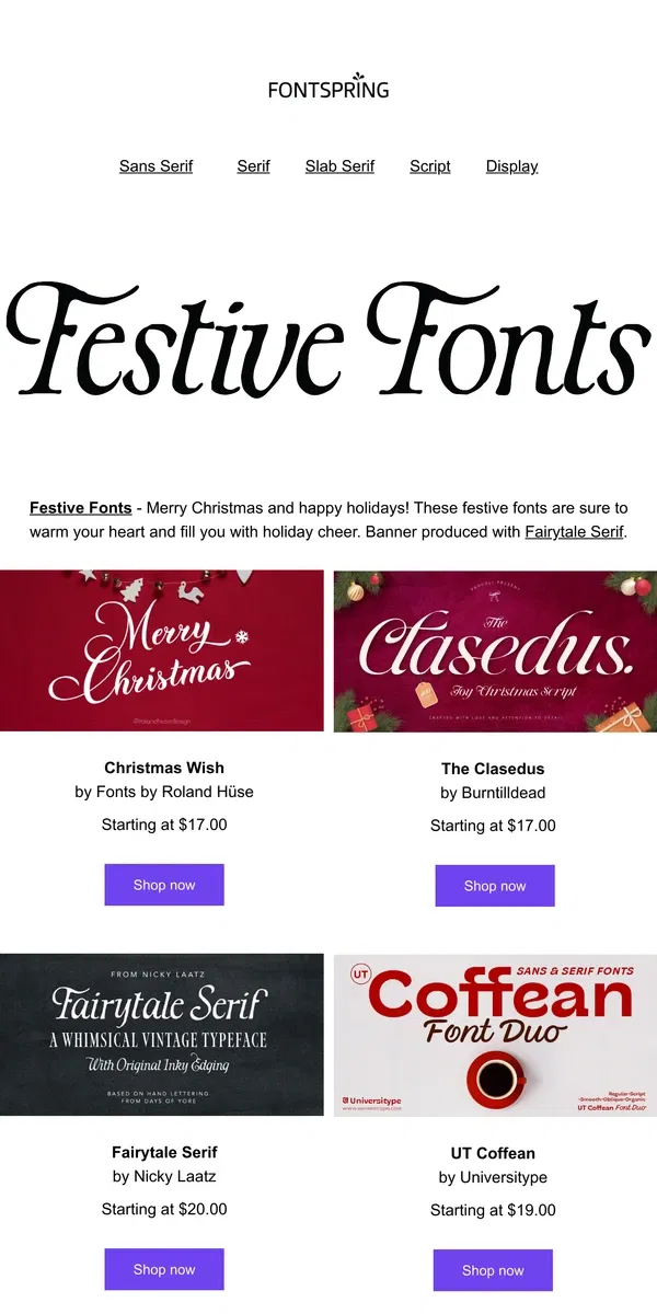 Email from Fontspring. Festive Fonts | Fontface