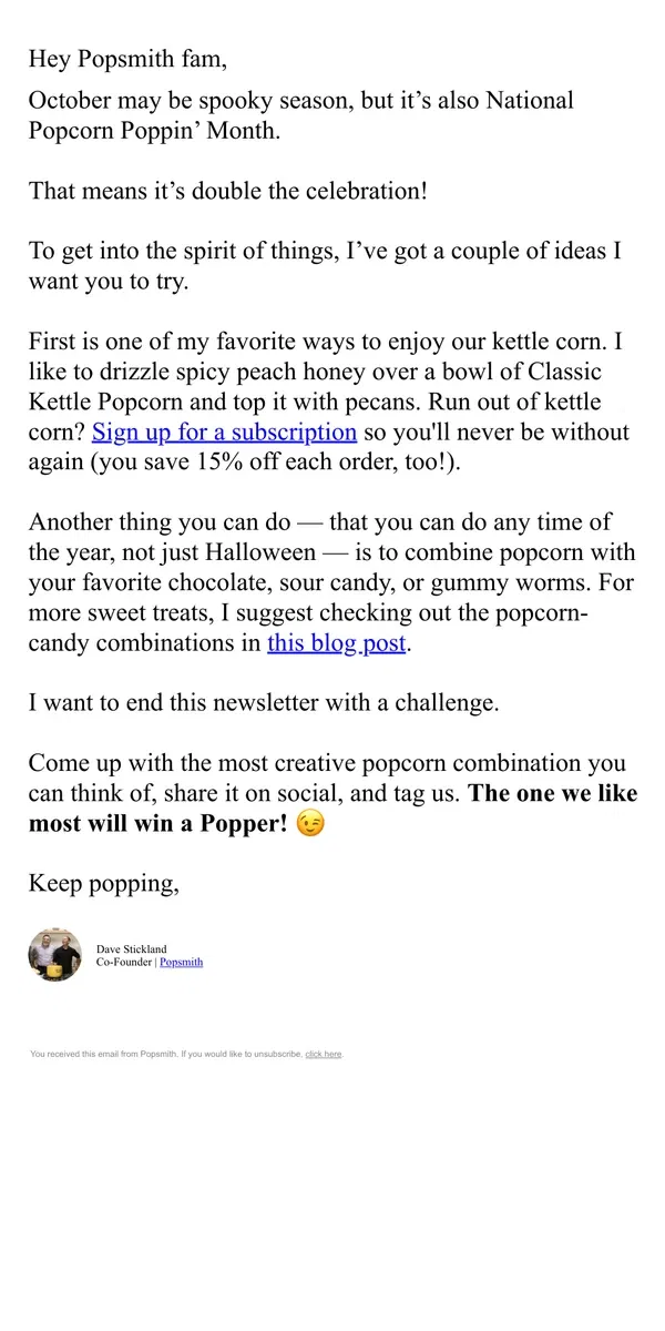 Email from Popsmith. Celebrate National Popcorn Poppin’ Month with us