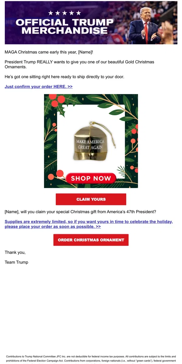 Email from Donald J. Trump. (1) 2024 Trump Christmas Ornament: Pending!