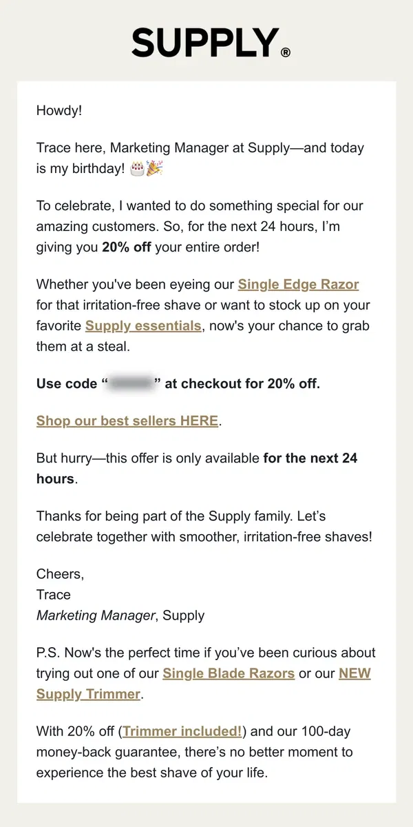 Email from Supply. 20% OFF ⏰ 24 hours only