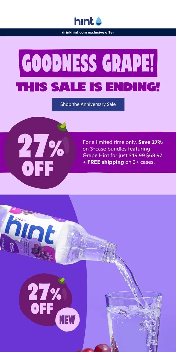 Email from Hint Water. Grape-iversary countdown: Last days for 27% off