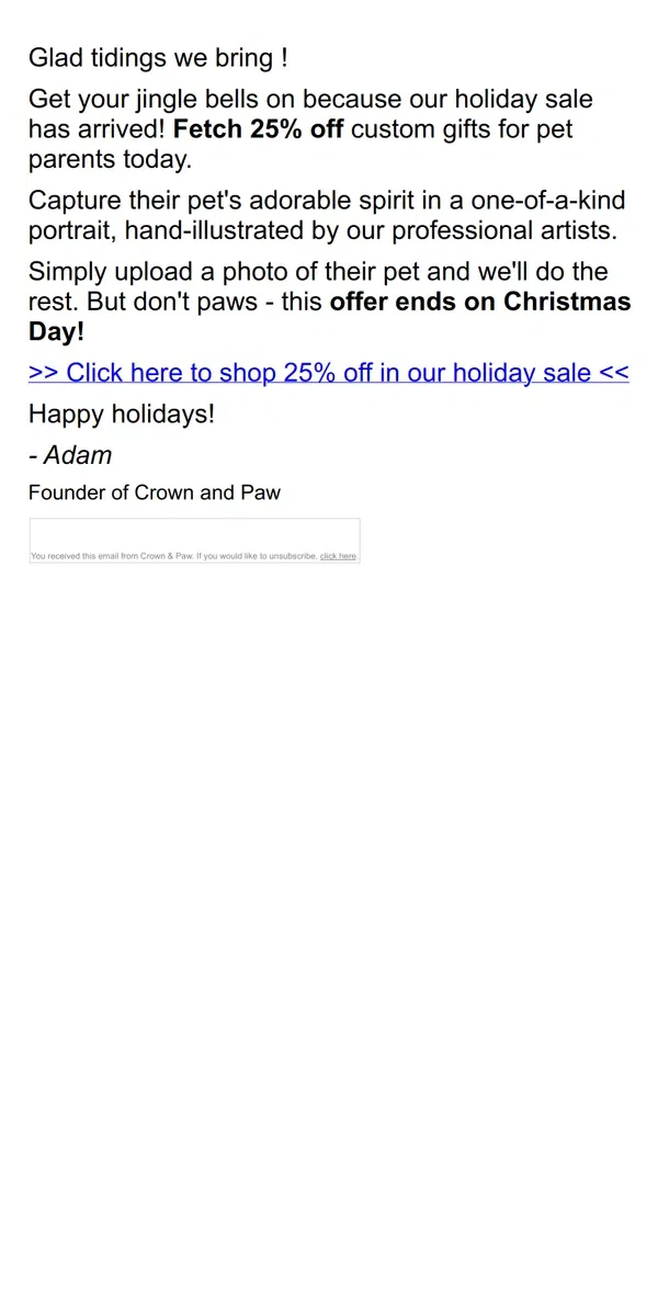 Email from Crown & Paw. Christmas Sale: Shop 25% OFF 🎁 🎄