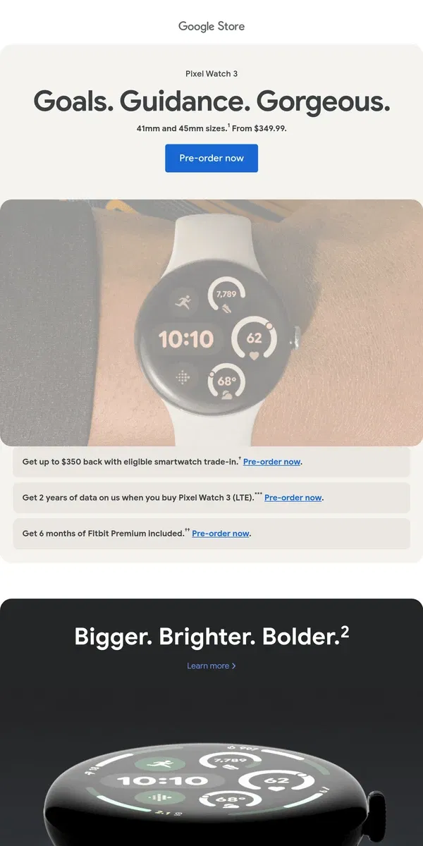 Email from Google Store. Introducing the new Google Pixel Watch 3