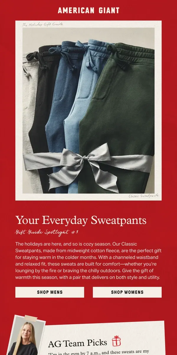 Email from American Giant. Gift Guide: Classic Sweatpants