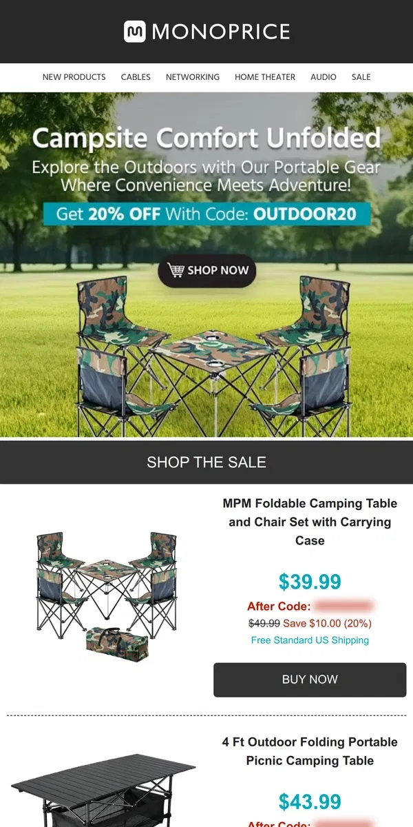 Email from Monoprice. Just In Time for Spring! 20% OFF Portable Camping Tables ⛺