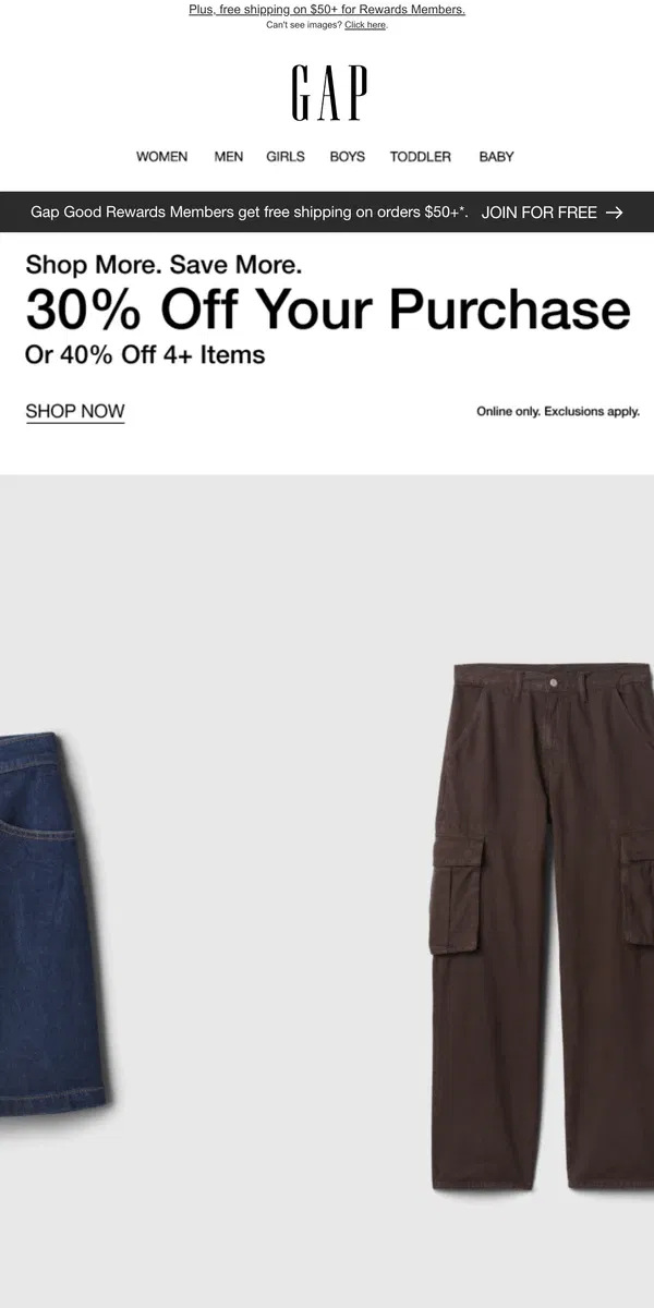 Email from GAP. 30% off your entire cart