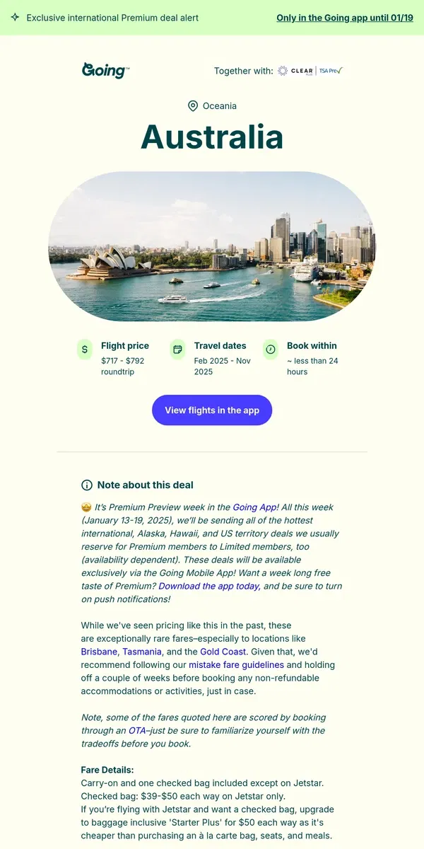 Email from Going. 🤩 *Premium* All over Australia —  $717 to $792 (Feb-Nov)