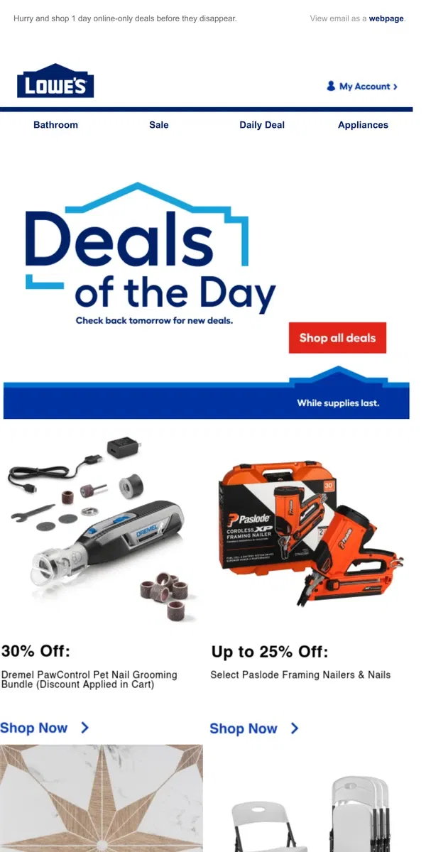 Email from Lowe's. LIMITED TIME deals, just for today.