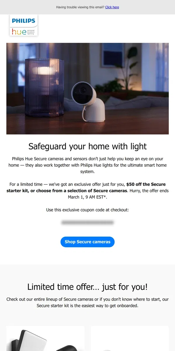 Email from Philips Hue. 📢 Limited offer: $50 off Philips Hue Secure cameras