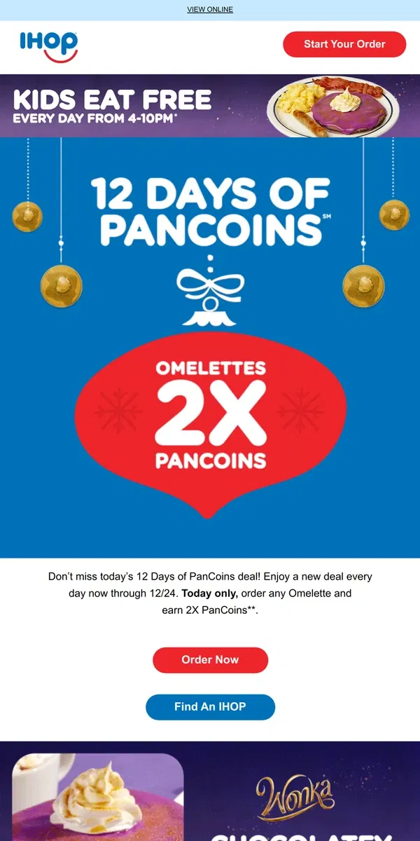 Email from IHOP. Today’s Deal: All Omelettes earn 2X PanCoins🔥