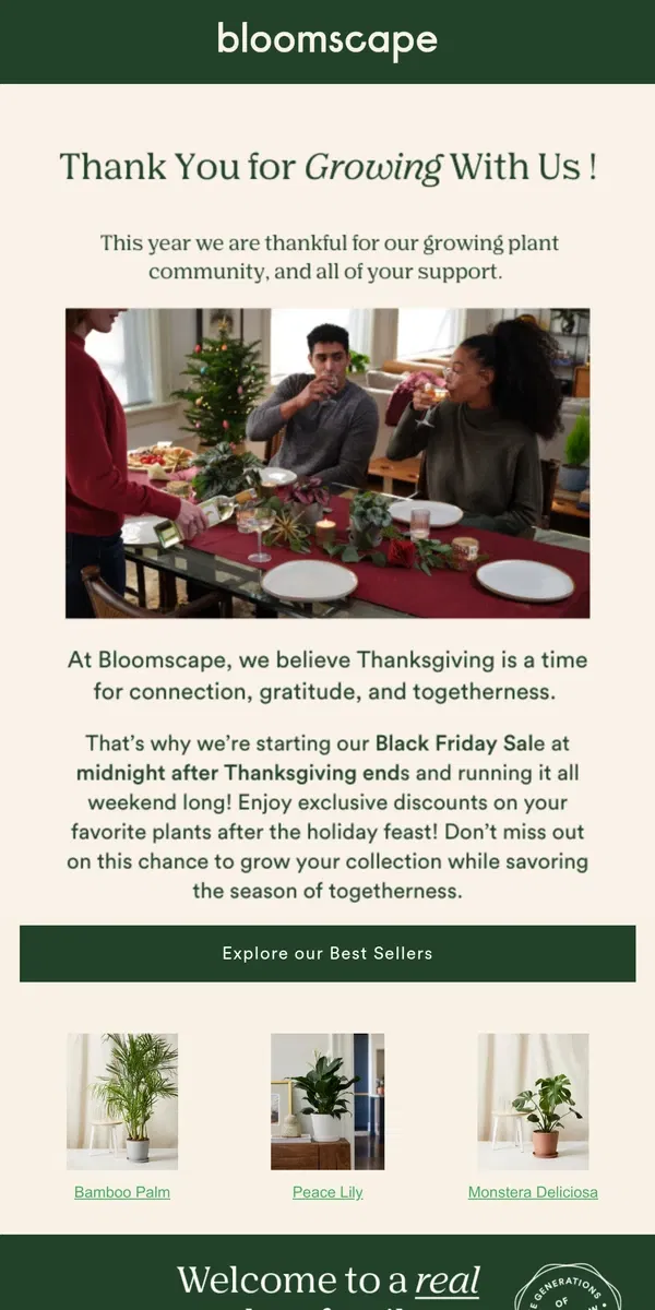 Email from Bloomscape. Giving Thanks, Growing Together 🌿