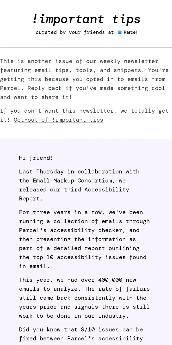 Email from Parcel. 2024's Email Accessibility Report