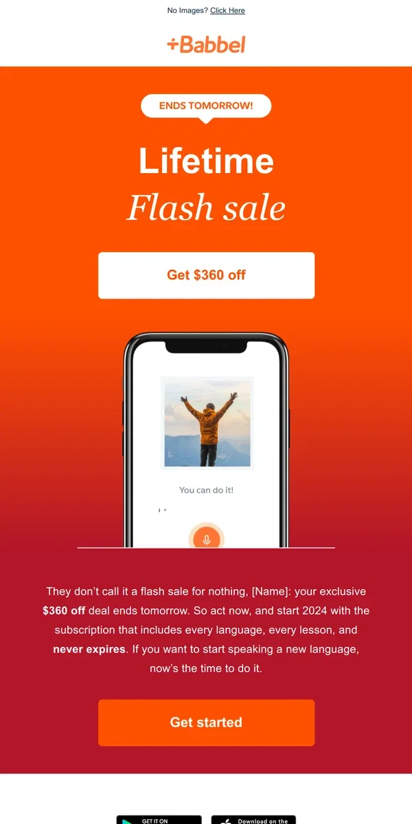 Email from Babbel. One payment. Lifetime access. $360 off