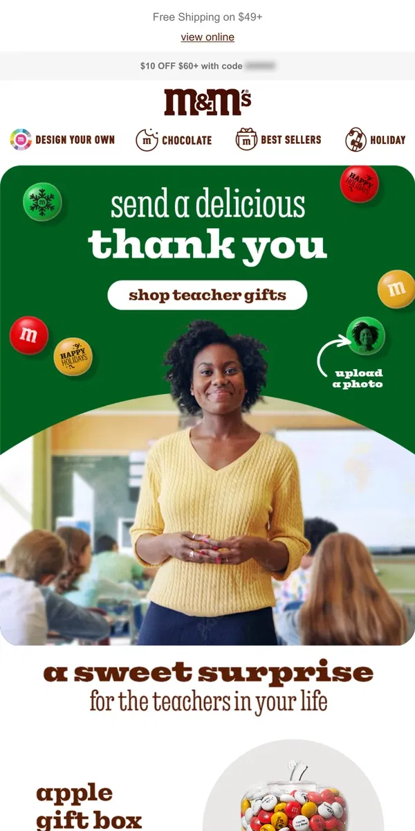 Email from M&M's. Holiday Gifts for Teachers