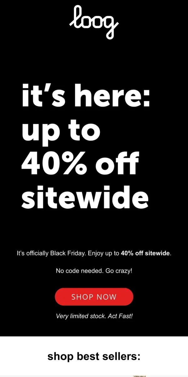 Email from Loog Guitars. 🚨Black Friday is here: save up to 40% 🚨