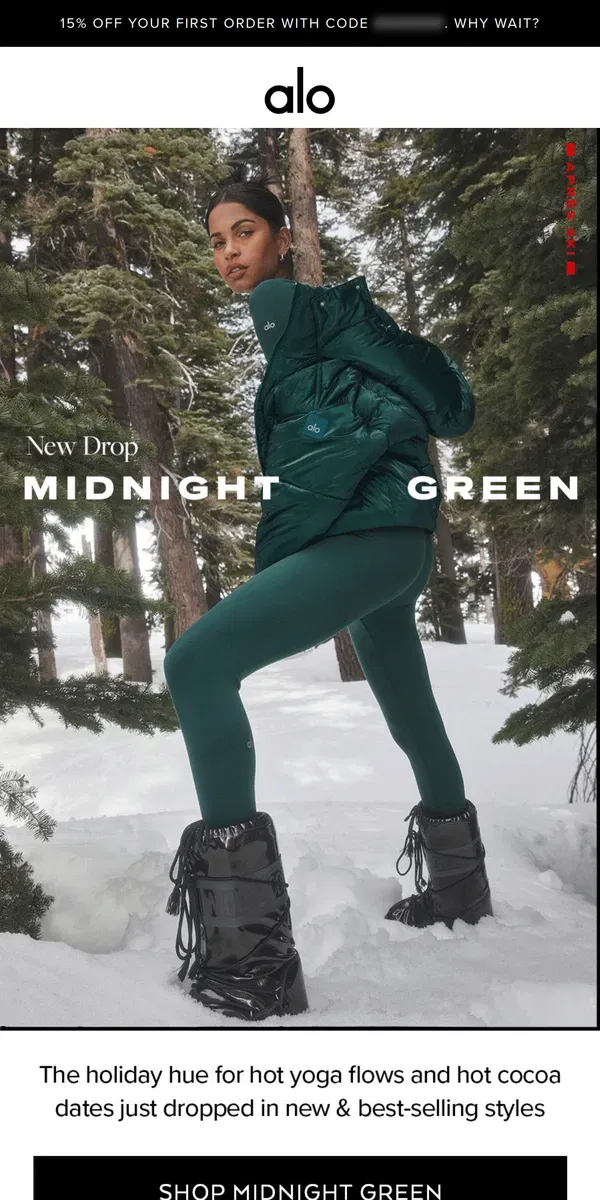 Email from Alo Yoga. NEW DROP: Midnight Green