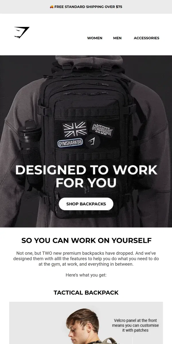 Email from Gymshark. Backpacks that work for you 💪