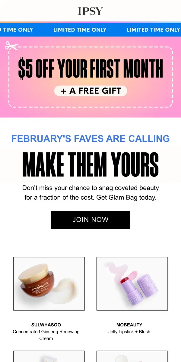 Email from BoxyCharm by IPSY. Surprise! Get $5 off your first Glam Bag