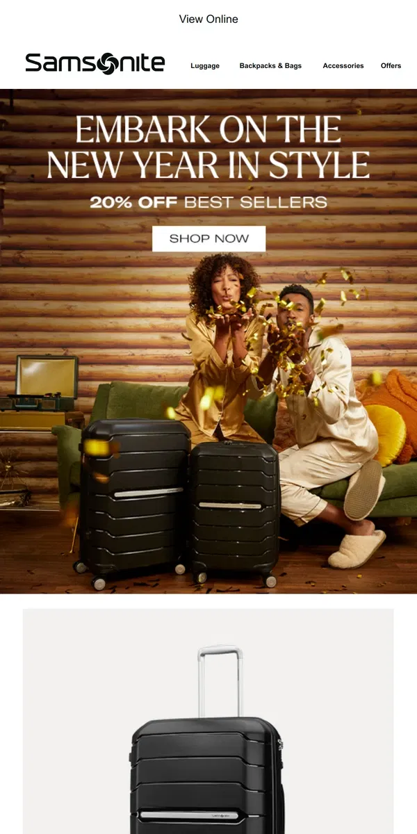 Email from Samsonite. New Year, New Journeys with Best Selling Luggage