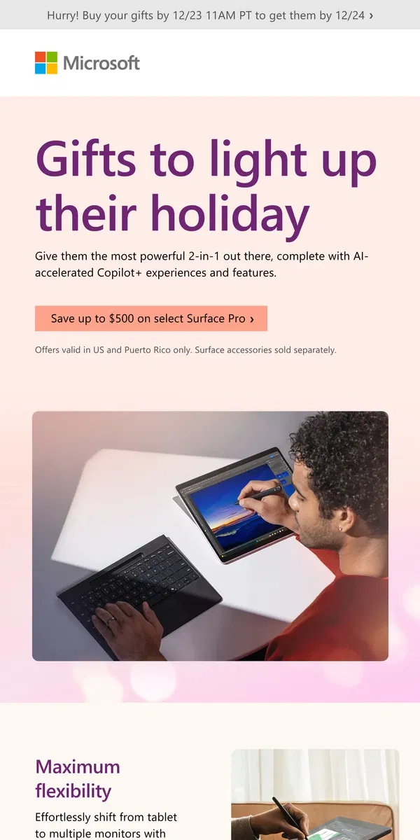 Email from Microsoft Store. Save up to $600 on select Surface Copilot+ PC gifts