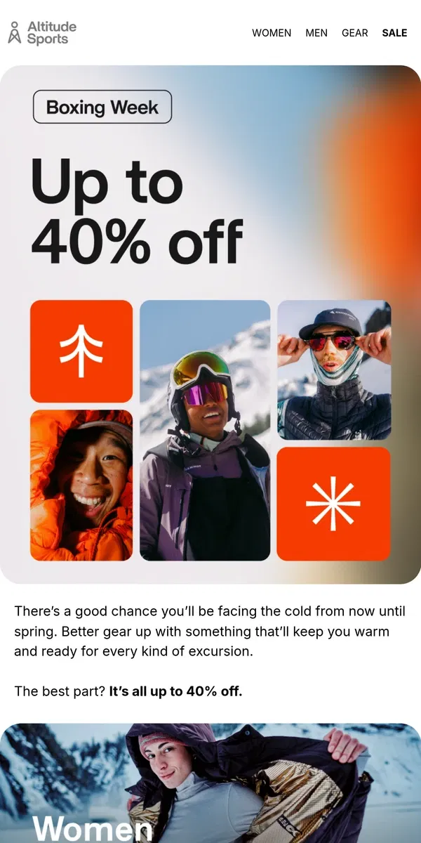 Email from Altitude Sports. The winter gear you need is up to 40% off