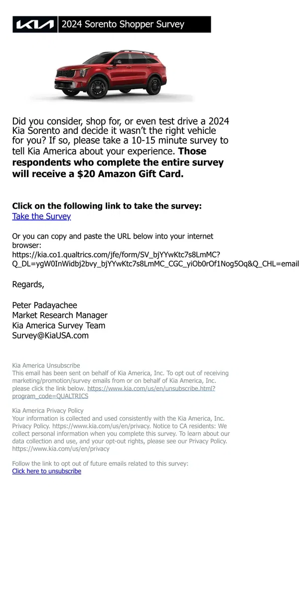 Email from Kia. Kia America 2024 Sorento Survey