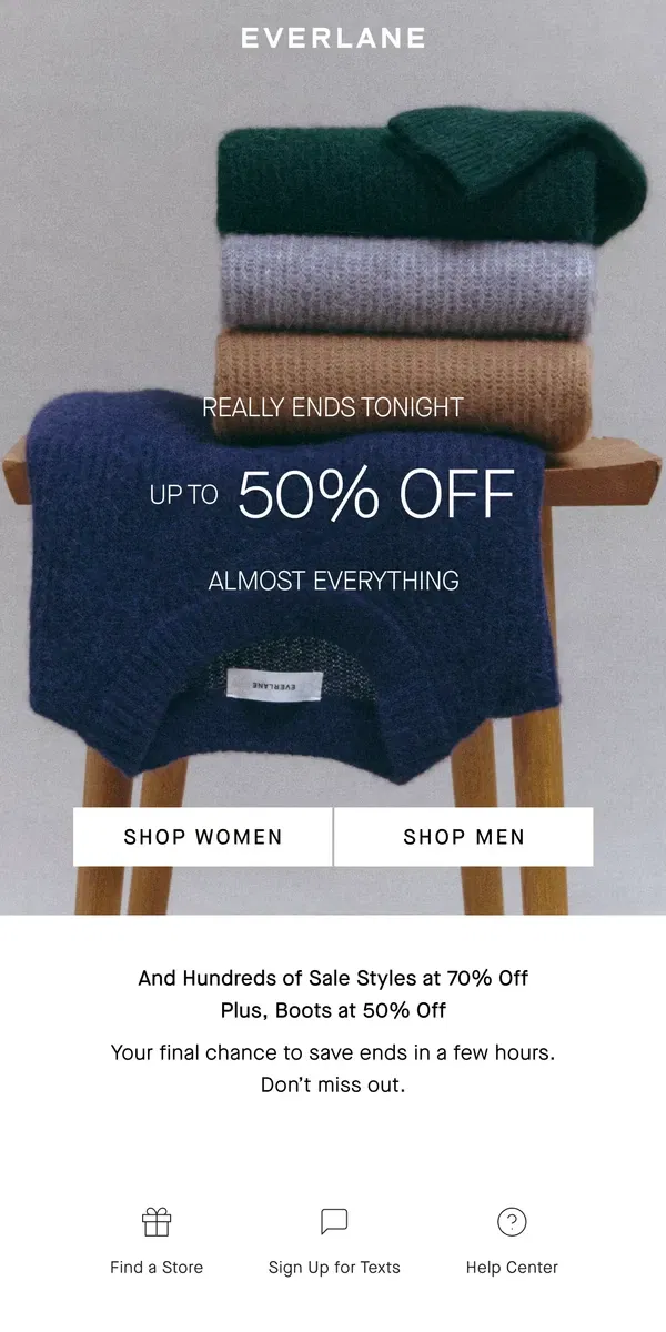 Email from Everlane. Last Call: Up to 50% Off & More Deals