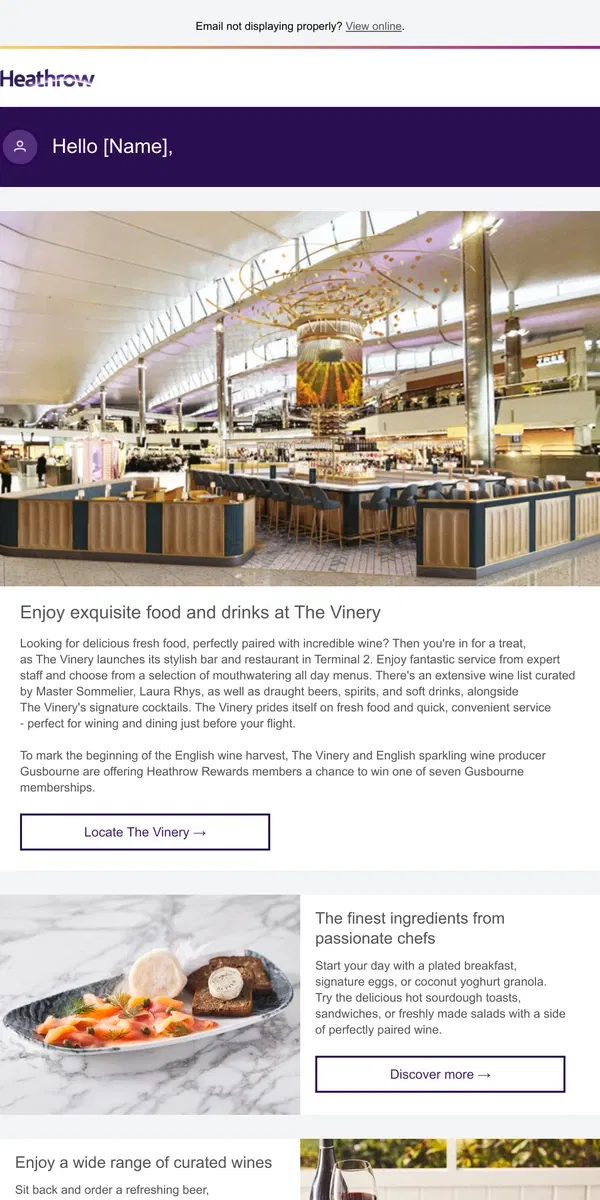 Email from Heathrow Airport. Celebrate the launch of The Vinery