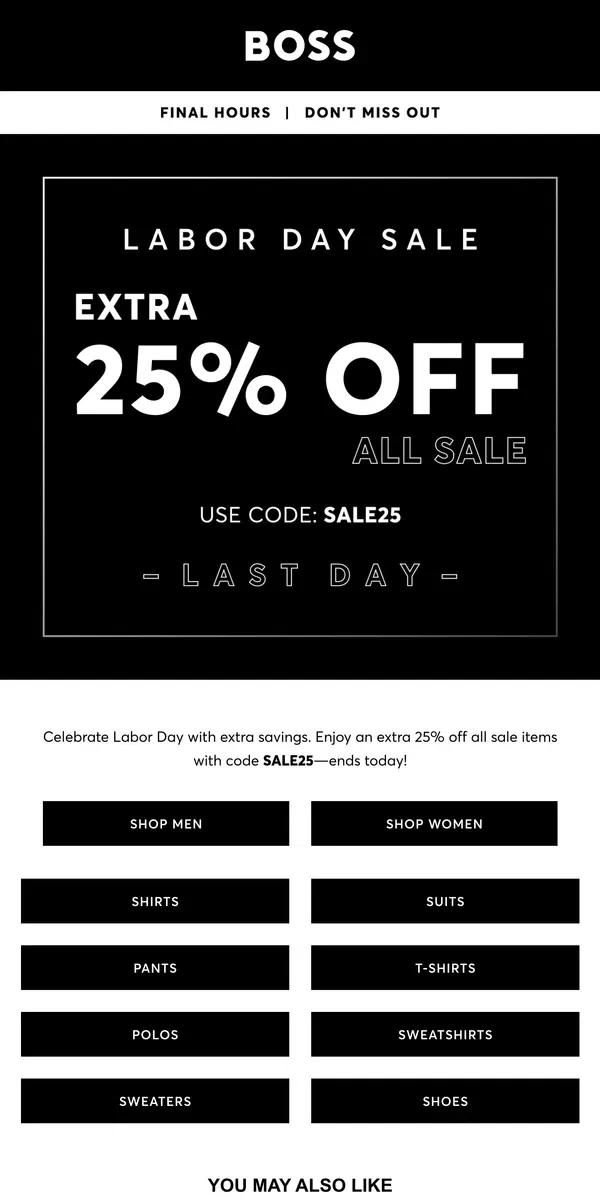 Email from HUGO BOSS. Final Day to Save BIG