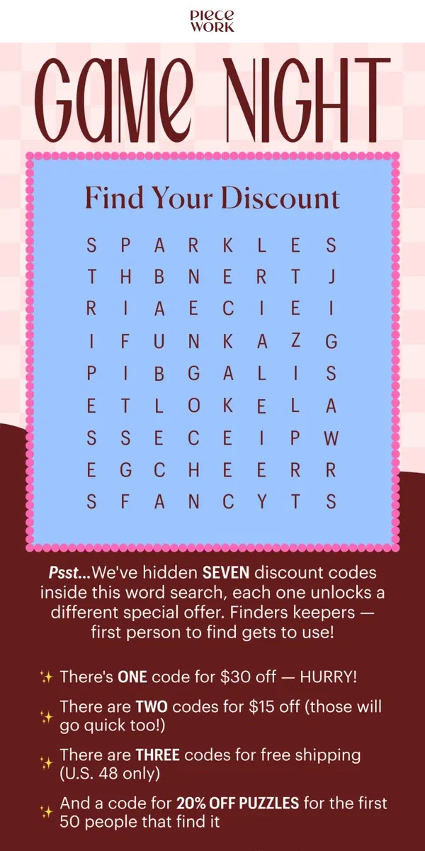 Email from Piecework Puzzles. Love a game with prizes? ✨