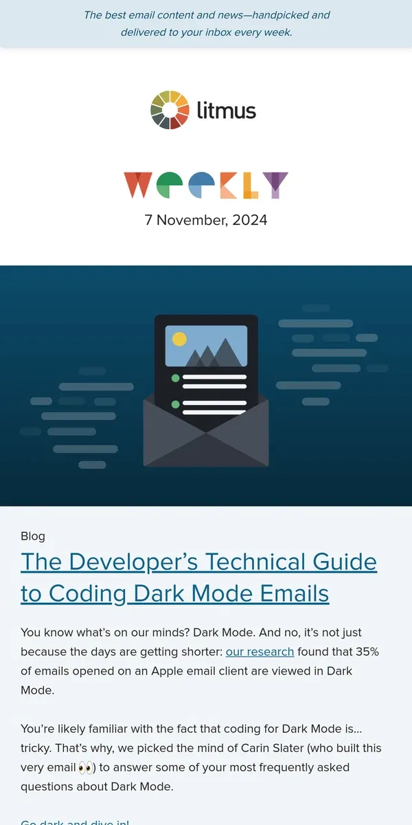 Email from Litmus. A guide to coding for Dark Mode, how to navigate new sender rules, and more