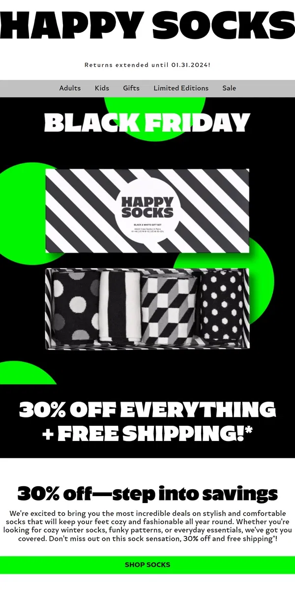 Email from Happy Socks. Black Friday Is Here - 30% Off!