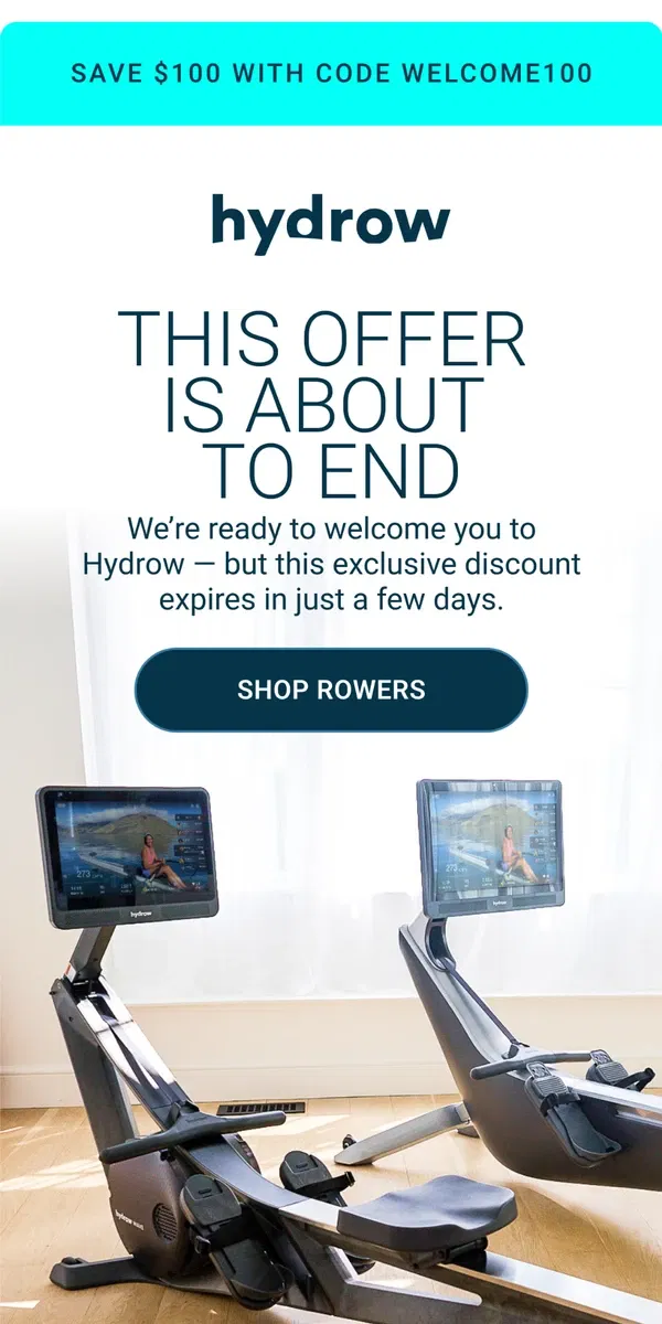 Email from Hydrow. EXPIRING: your exclusive WELCOME code