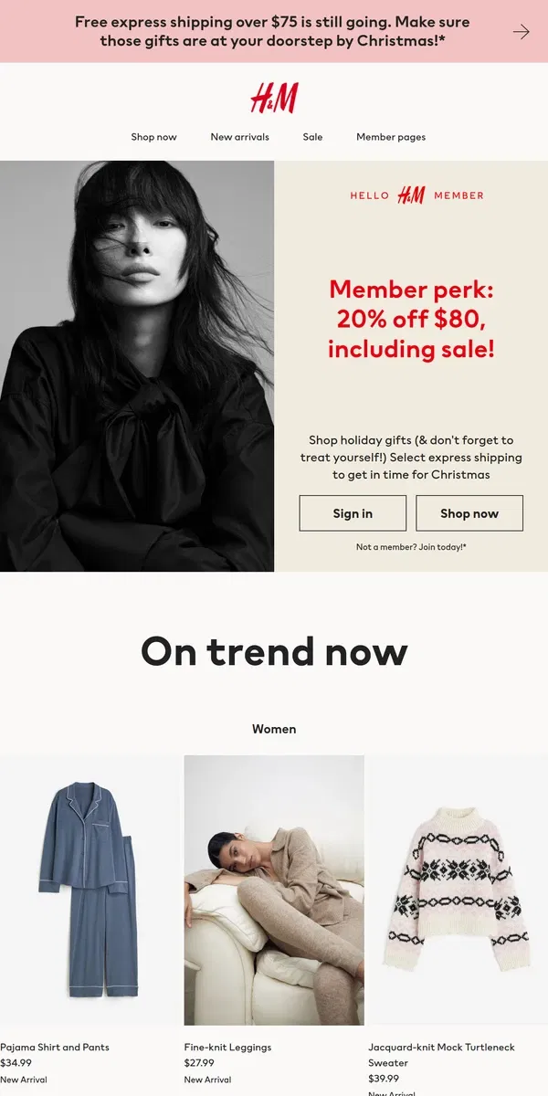 Email from H&M. Member exclusive: 20% off $80