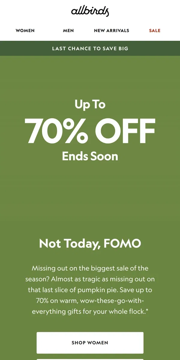 Email from Allbirds. LAST CHANCE TO SAVE UP TO 70%