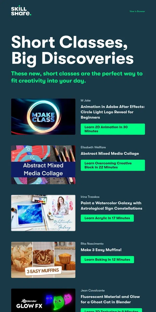 Email from Skillshare. Classes Under 30 Minutes, Picked For You