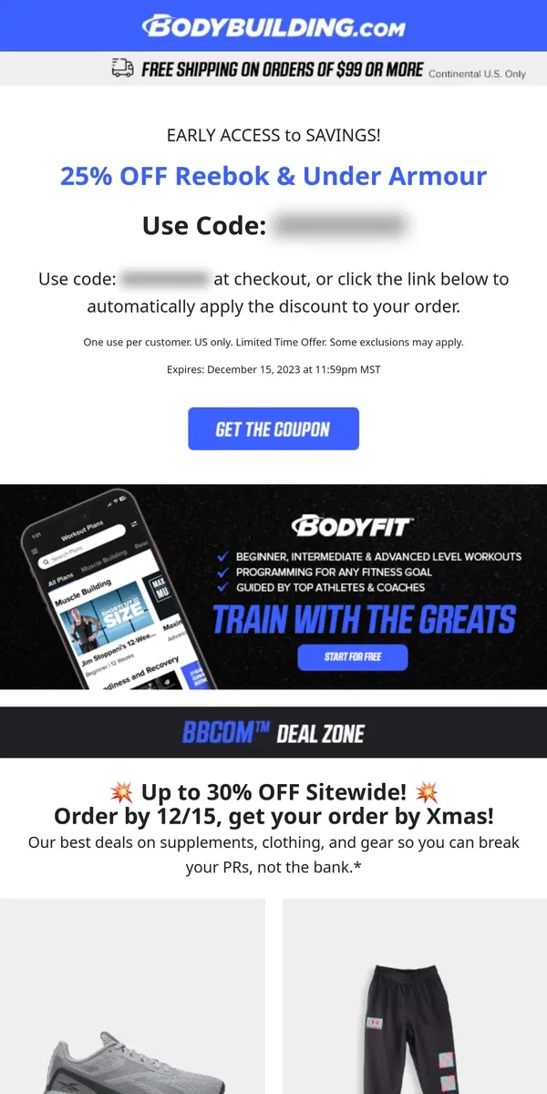 Email from Bodybuilding.com. 🎉 EARLY ACCESS 25% OFF Reebok & Under Armour!