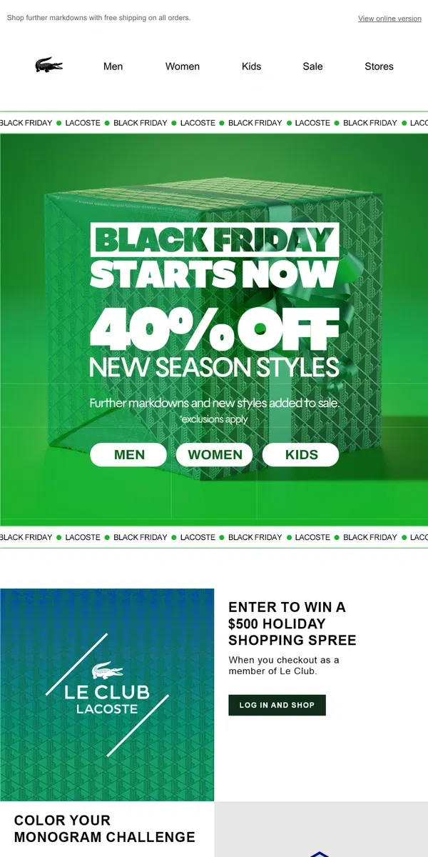 Email from Lacoste. 40% OFF | Black Friday Starts Early