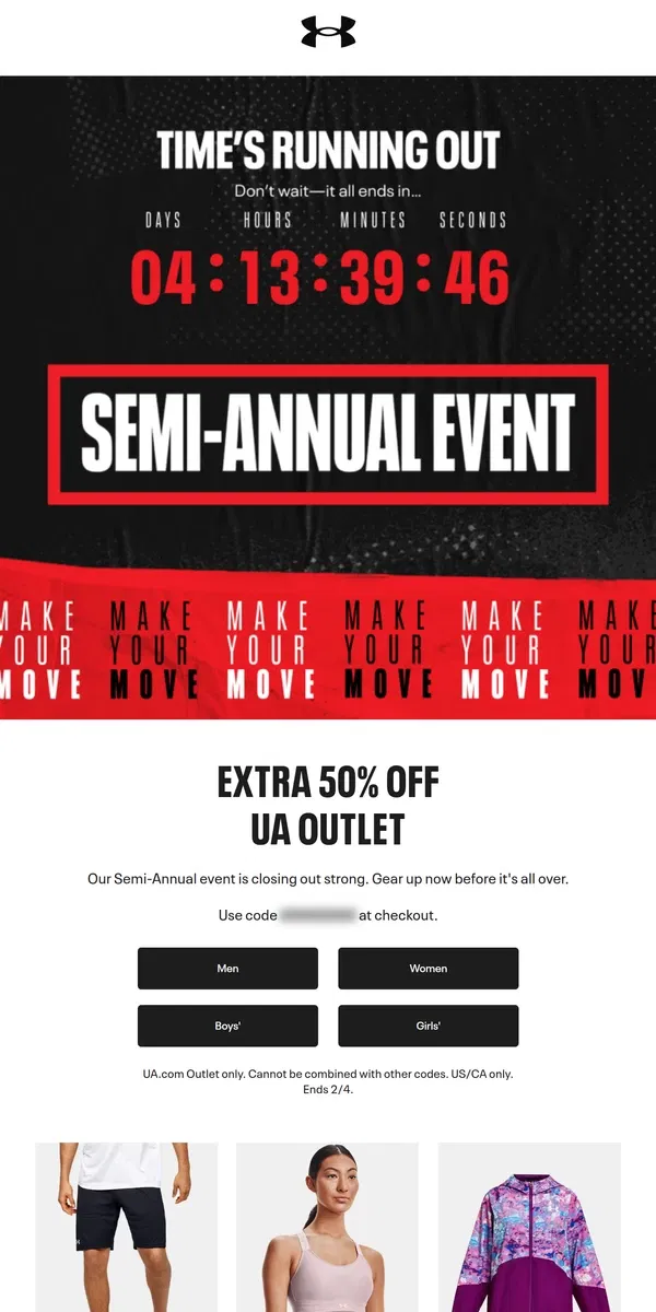 Email from Under Armour. EXTRA 50% off is still on!