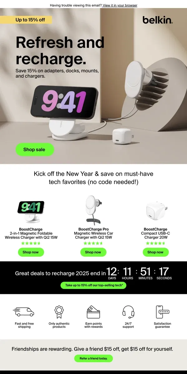 Email from Belkin. First thing’s first: Get up to 15% off 💸