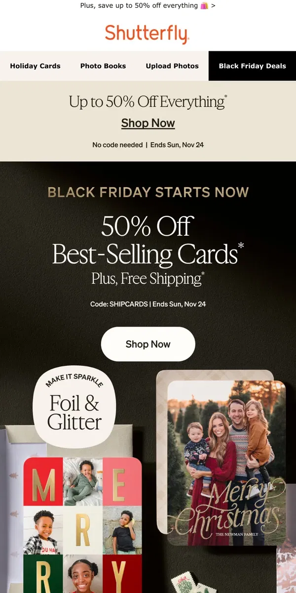 Email from Shutterfly. Get festive & save—Free shipping on holiday cards! 💌