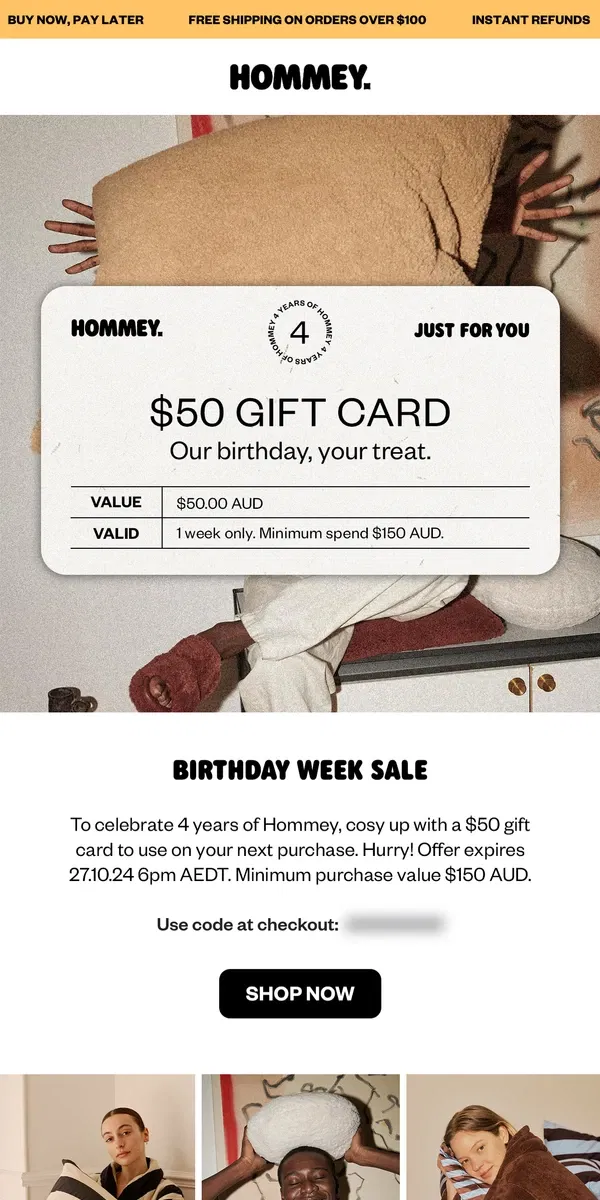 Email from Hommey. Final hours to use your $50 Gift Card!