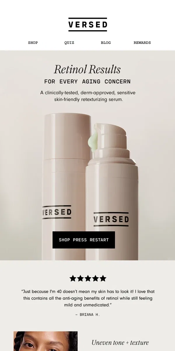 Email from Versed Skin. The retinol serum Cameron Diaz swears by