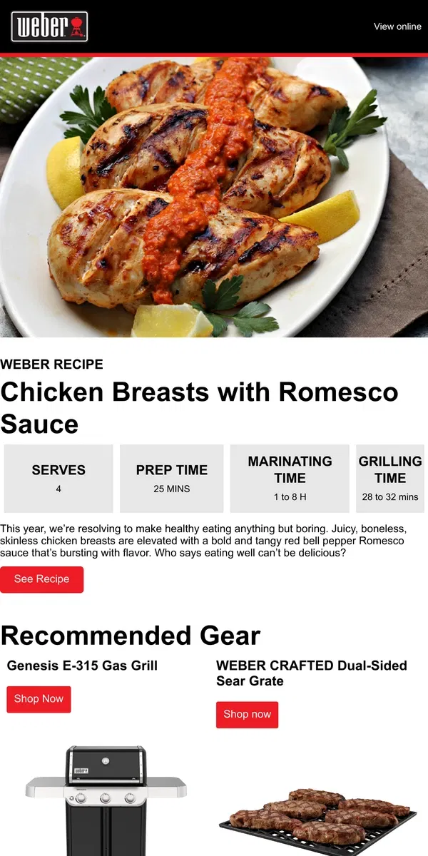 Email from Weber. Ring in the New Year with Healthy and Delicious Chicken Romesco