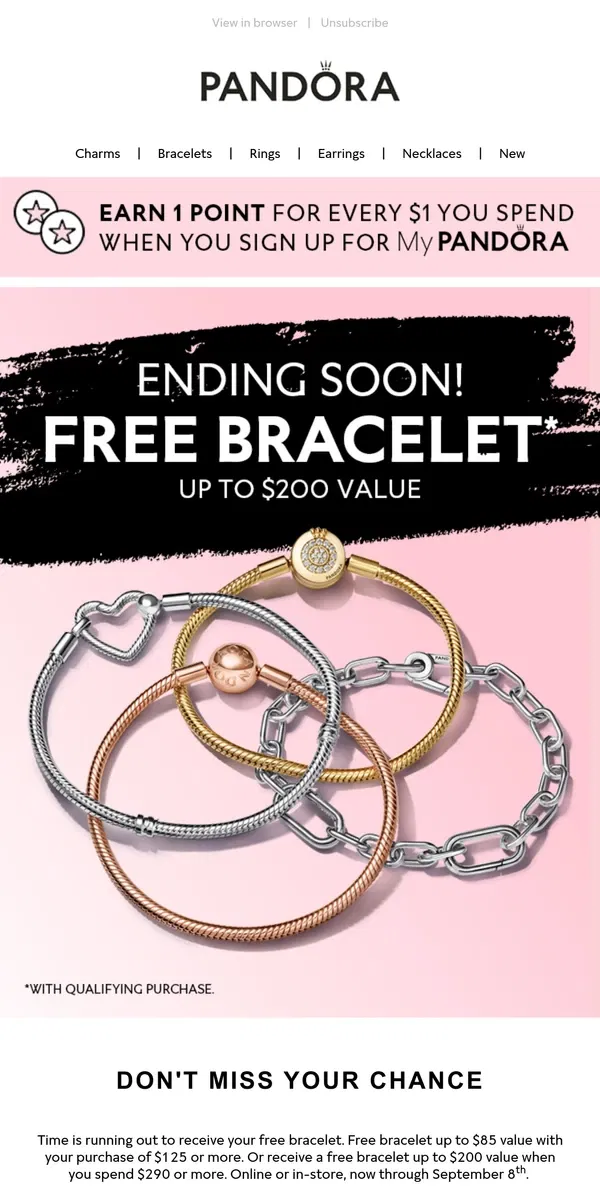 Email from Pandora Jewelry. Free bracelet offer ending soon!