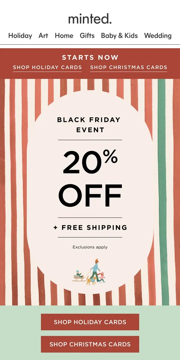 Email from Minted. Hello, Black Friday! 20% off holiday cards