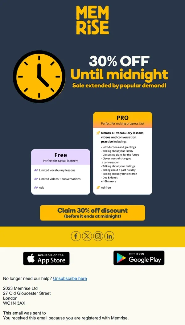 Email from Memrise. ⏰ Sale Extended! Only a few hours left to save up to 30% on Lifetime PRO