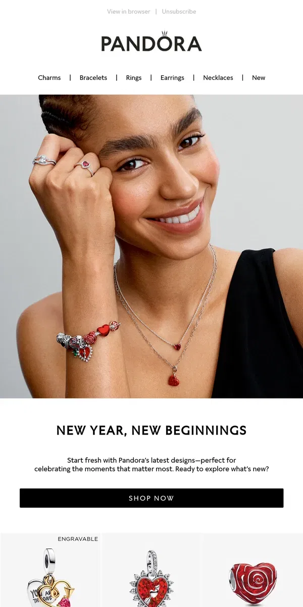 Email from Pandora Jewelry. All-New Designs, Just in Time for 2025