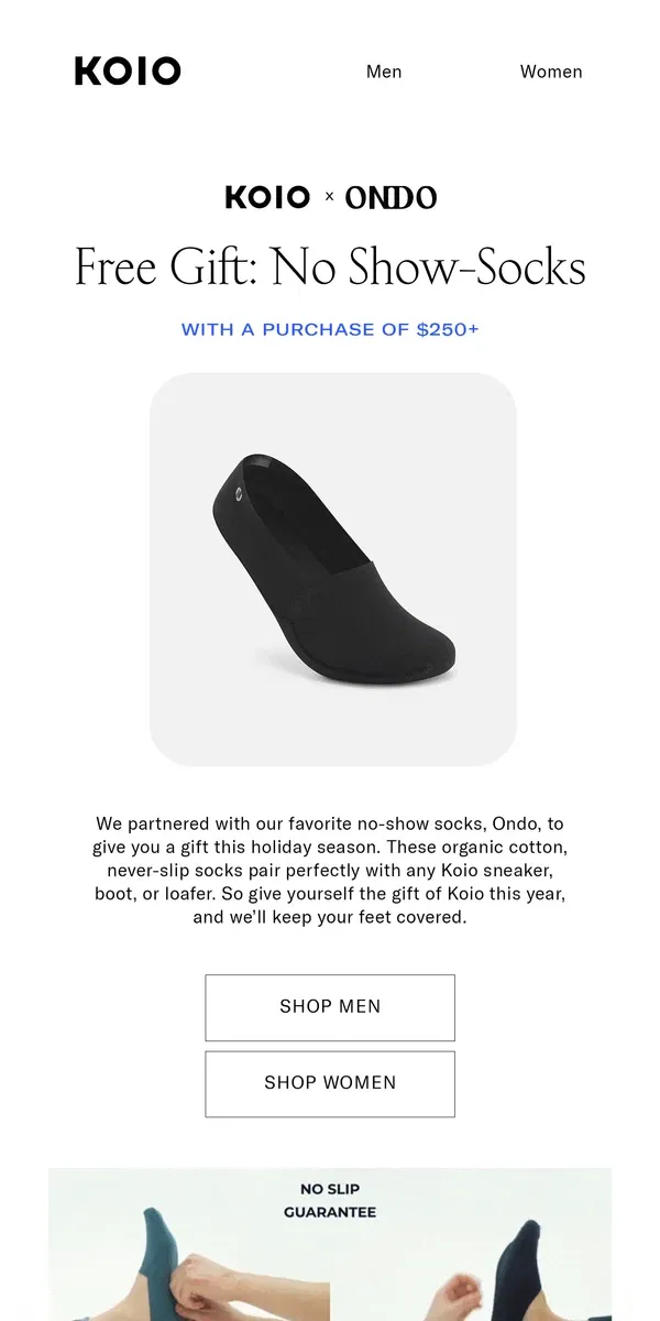 Email from Koio. FREE GIFT: NO-SHOW SOCK BUNDLE